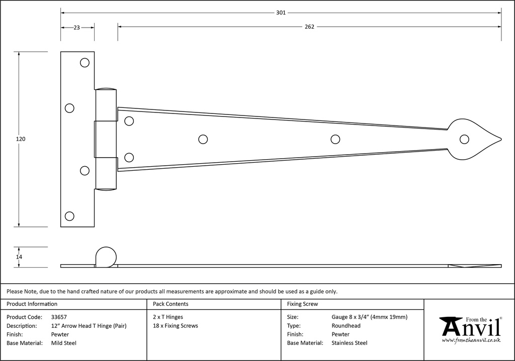 Pewter 12&quot; Arrow Head T Hinge (pair) - 33657 - Technical Drawing