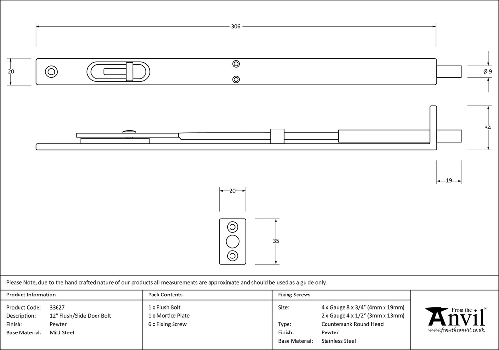 Pewter 12'' Flush/Slide Door Bolt - 33627 - Technical Drawing