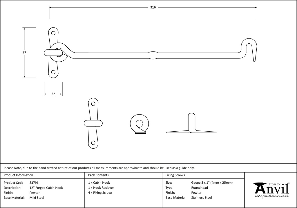 Pewter 12&quot; Forged Cabin Hook - 83796 - Technical Drawing