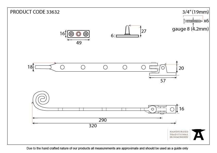 Pewter 12&quot; Monkeytail Stay - 33632 - Technical Drawing