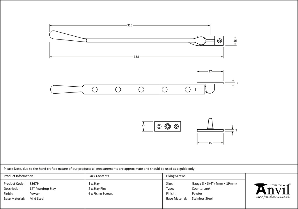 Pewter 12&quot; Peardrop Stay - 33679 - Technical Drawing