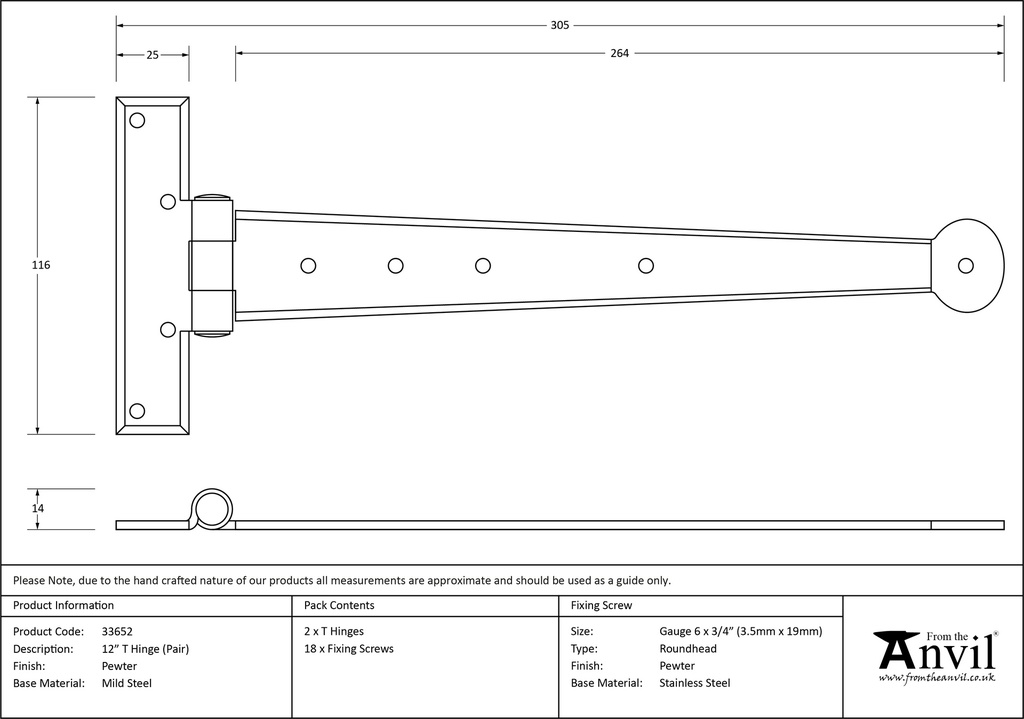 Pewter 12&quot; Penny End T Hinge (pair) - 33652 - Technical Drawing