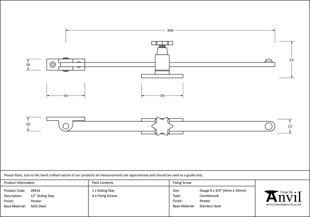 Pewter 12&quot; Sliding Stay - 49914 - Technical Drawing