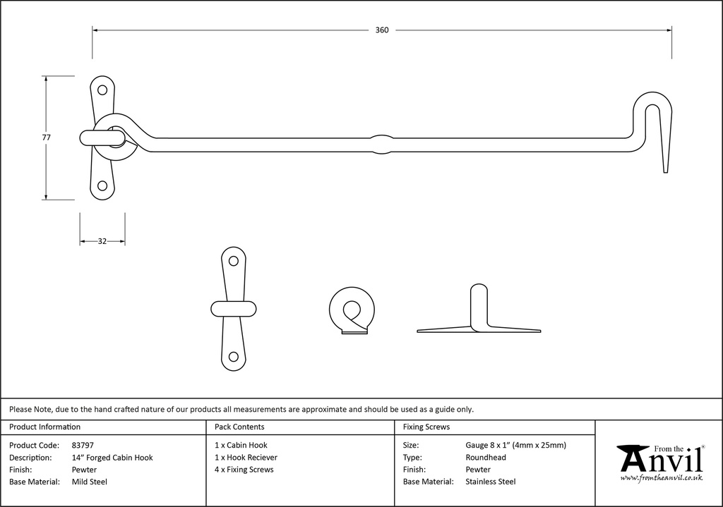 Pewter 14&quot; Forged Cabin Hook - 83797 - Technical Drawing