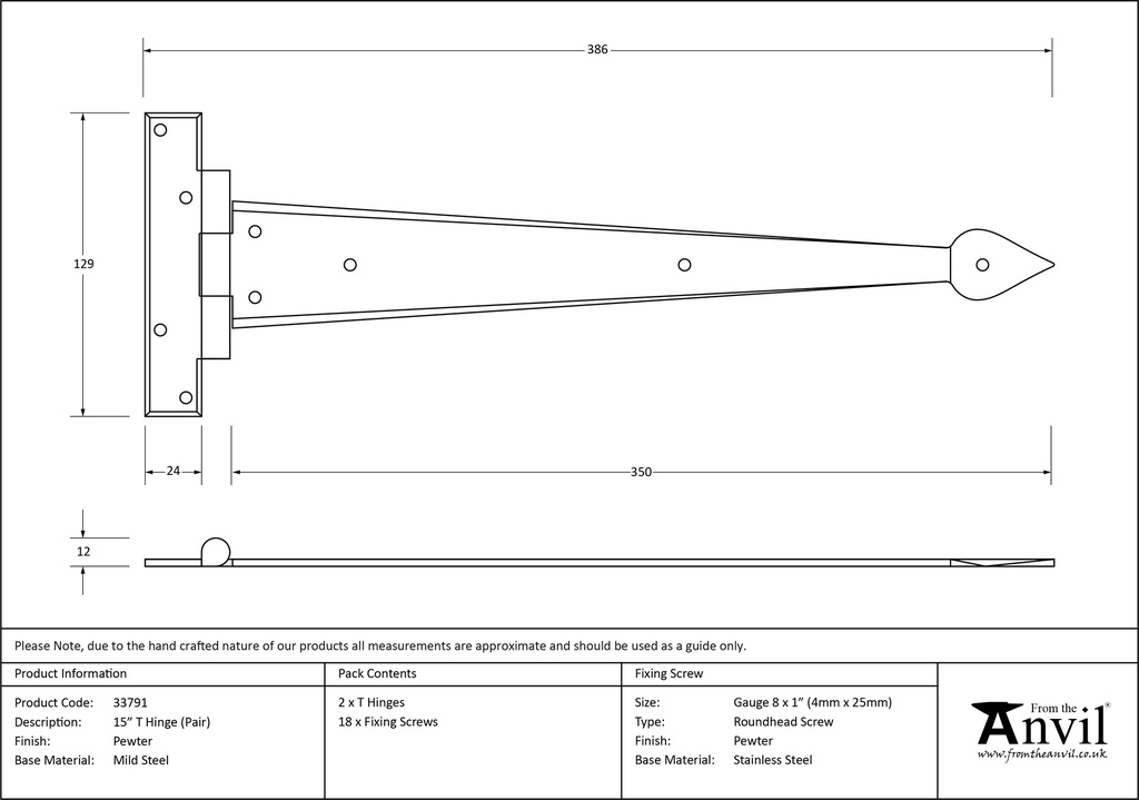 Pewter 15&quot; Arrow Head T Hinge (pair) - 33791 - Technical Drawing