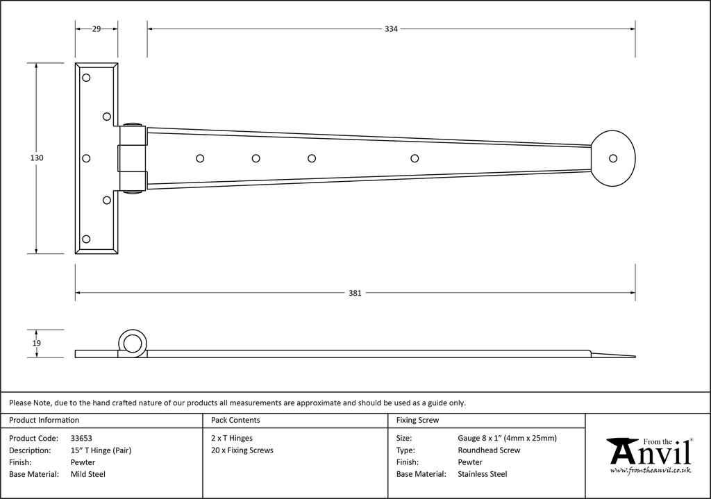 Pewter 15" Penny End T Hinge (pair) - 33653 - Technical Drawing