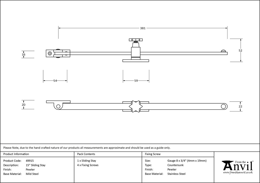 Pewter 15" Sliding Stay - 49915 - Technical Drawing