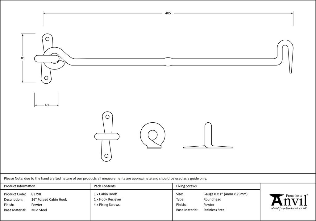 Pewter 16&quot; Forged Cabin Hook - 83798 - Technical Drawing