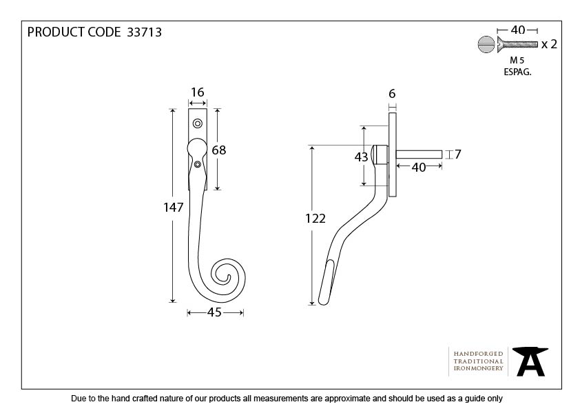 Pewter 16mm Monkeytail Espag - RH - 33713 - Technical Drawing