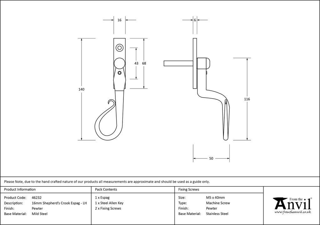 Pewter 16mm Shepherd's Crook Espag - LH - 46232 - Technical Drawing