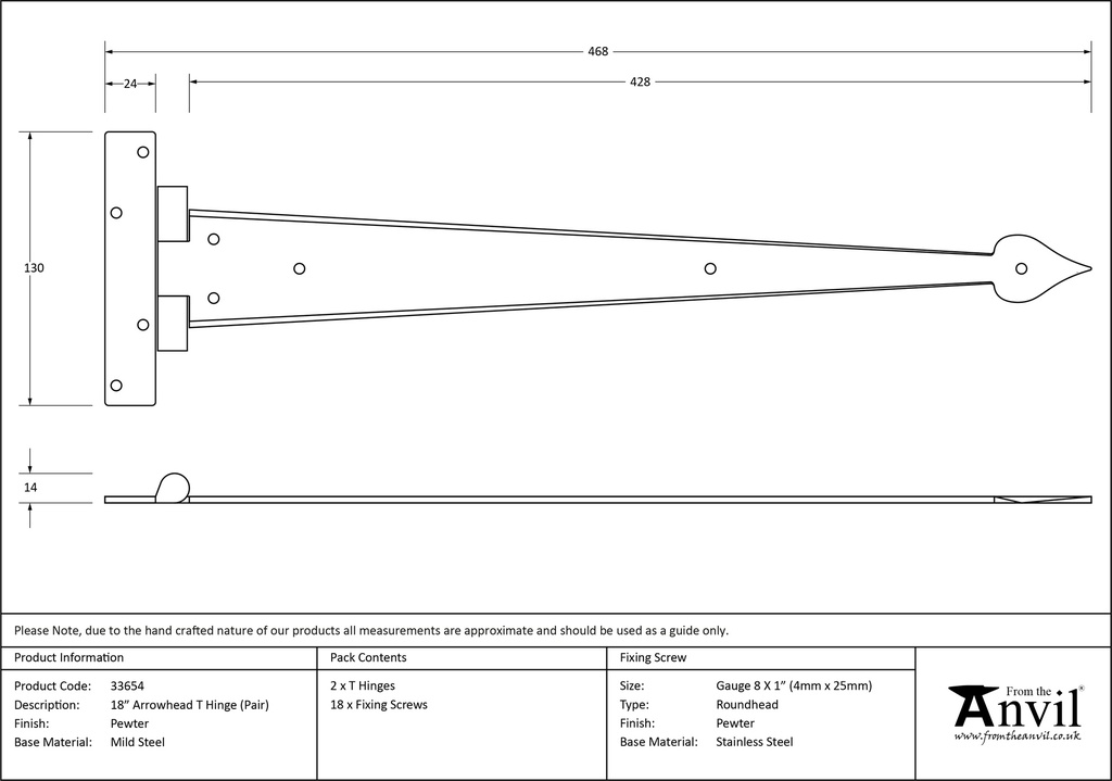 Pewter 18" Arrow Head T Hinge (pair) - 33654 - Technical Drawing