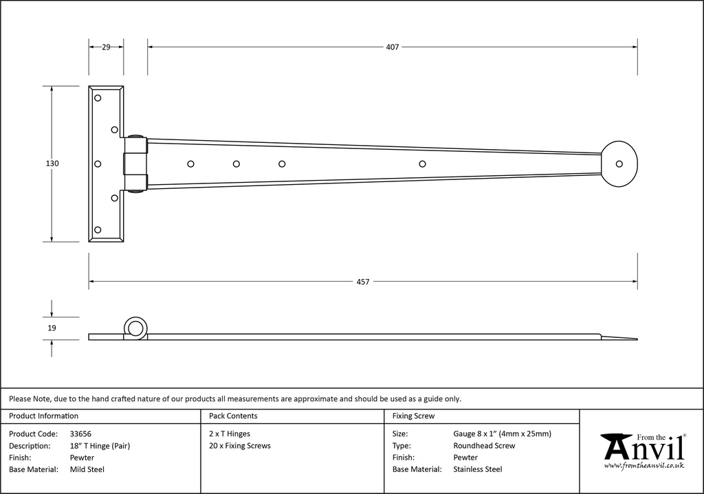 Pewter 18&quot; Penny End T Hinge (pair) - 33656 - Technical Drawing
