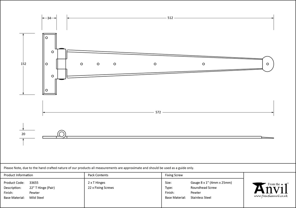 Pewter 22" Penny End T Hinge (pair) - 33655 - Technical Drawing
