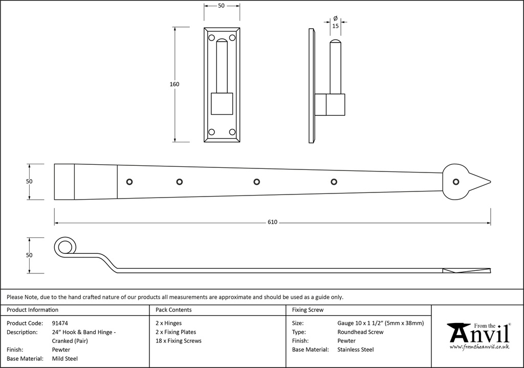 Pewter 24&quot; Hook &amp; Band Hinge - Cranked (pair) - 91474 - Technical Drawing