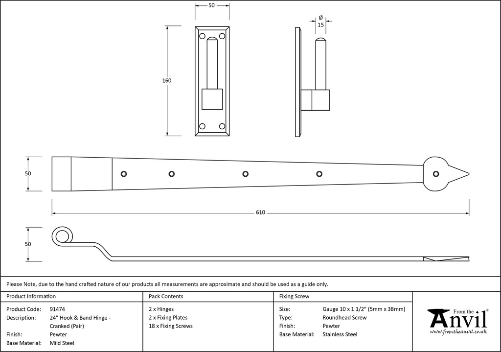 Pewter 24" Hook & Band Hinge - Cranked (pair) - 91474 - Technical Drawing