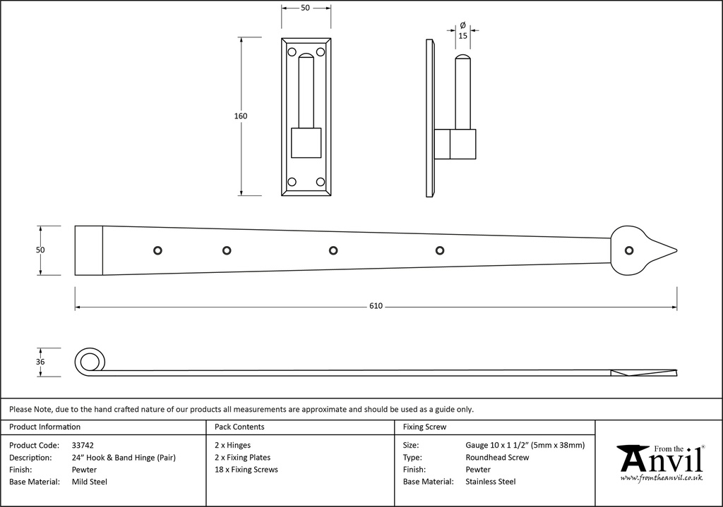 Pewter 24" Hook & Band Hinge (pair) - 33742 - Technical Drawing
