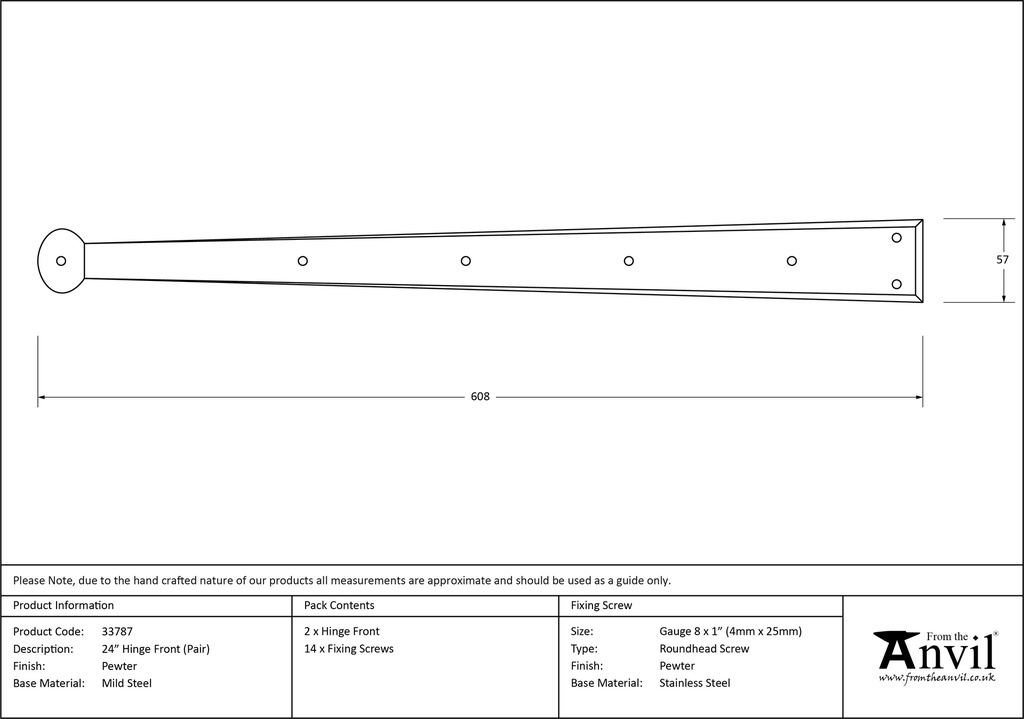 Pewter 24&quot; Penny End Hinge Front (pair) - 33787 - Technical Drawing