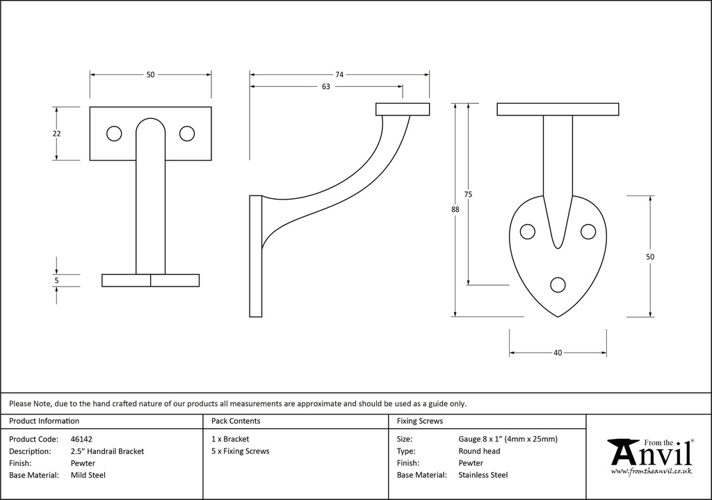Pewter 2.5&quot; Handrail Bracket - 46142 - Technical Drawing