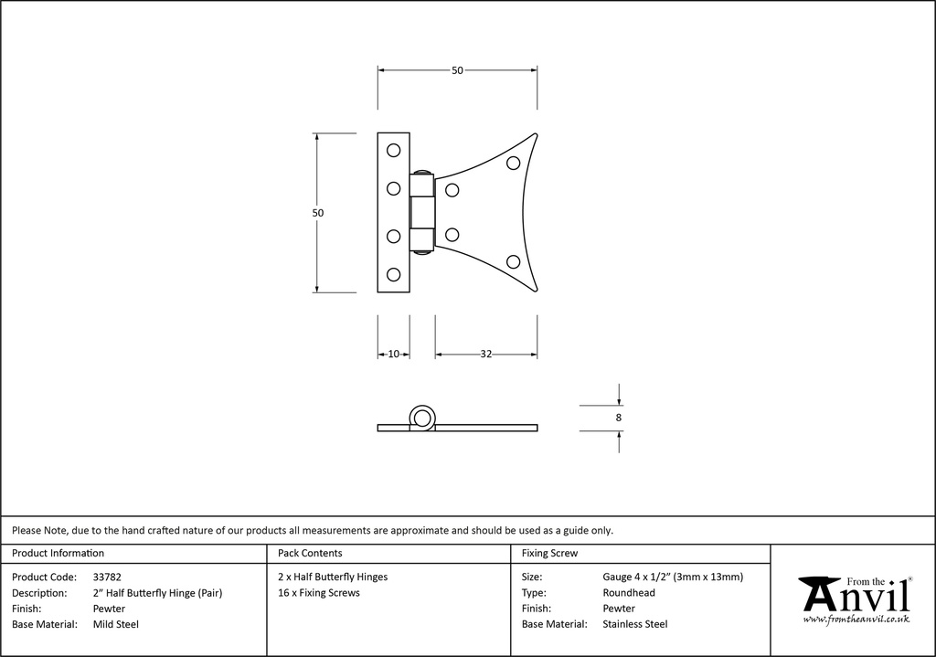 Pewter 2&quot; Half Butterfly Hinge (pair) - 33782 - Technical Drawing