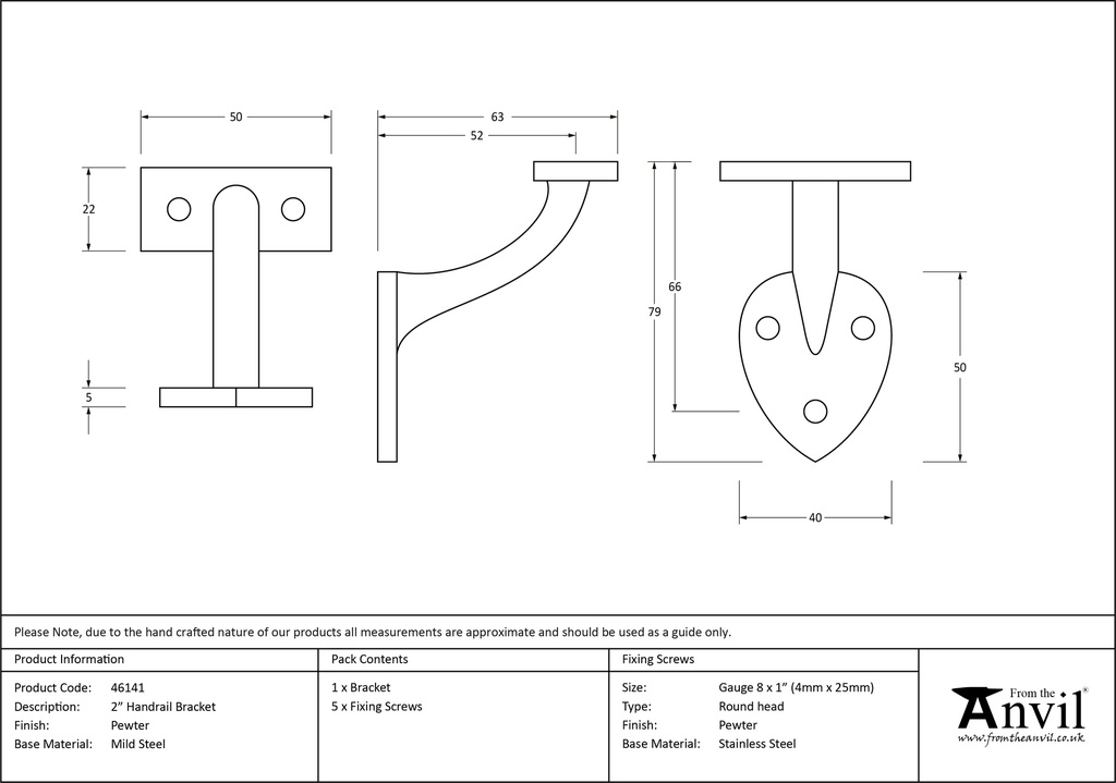 Pewter 2&quot; Handrail Bracket - 46141 - Technical Drawing