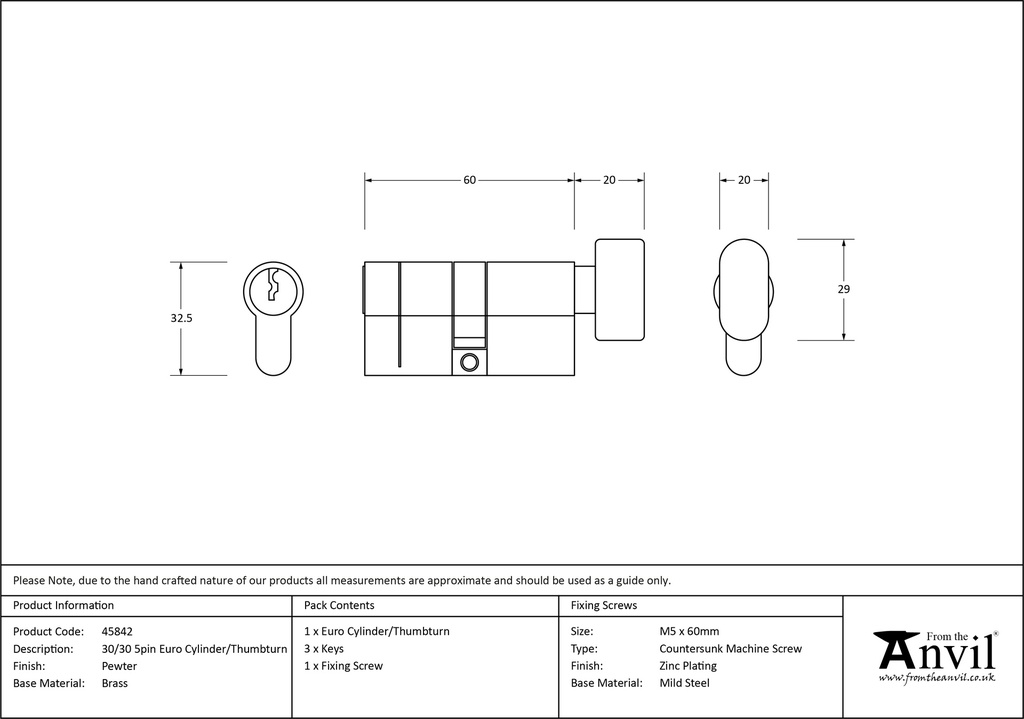 Pewter 30/30 5pin Euro Cylinder/Thumbturn - 45842 - Technical Drawing