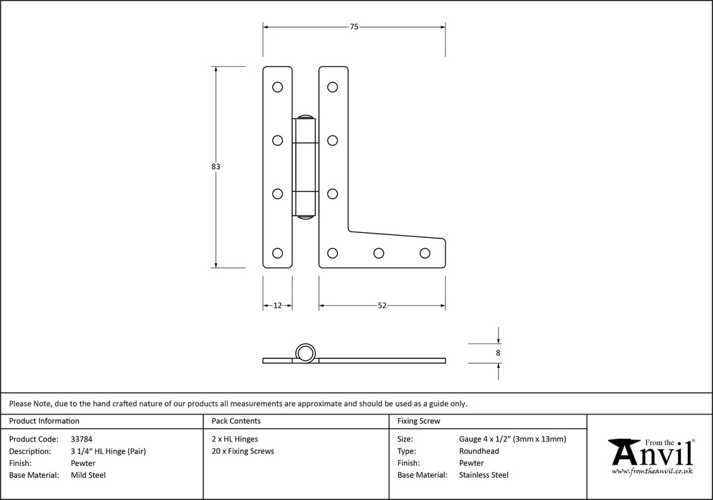 Pewter 3¼" HL Hinge (pair) - 33784 - Technical Drawing