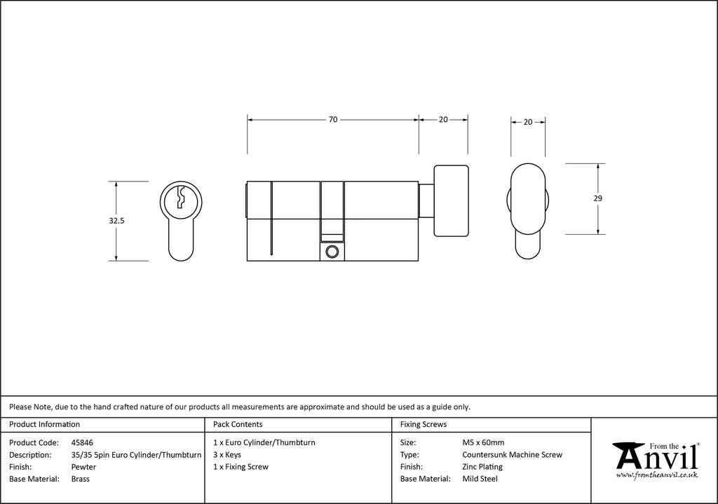 Pewter 35/35 5pin Euro Cylinder/Thumbturn - 45846 - Technical Drawing