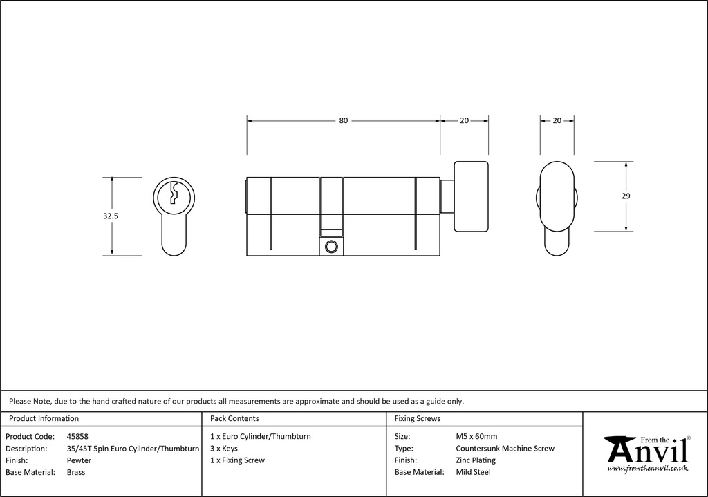 Pewter 35/45T 5pin Euro Cylinder/Thumbturn - 45858 - Technical Drawing