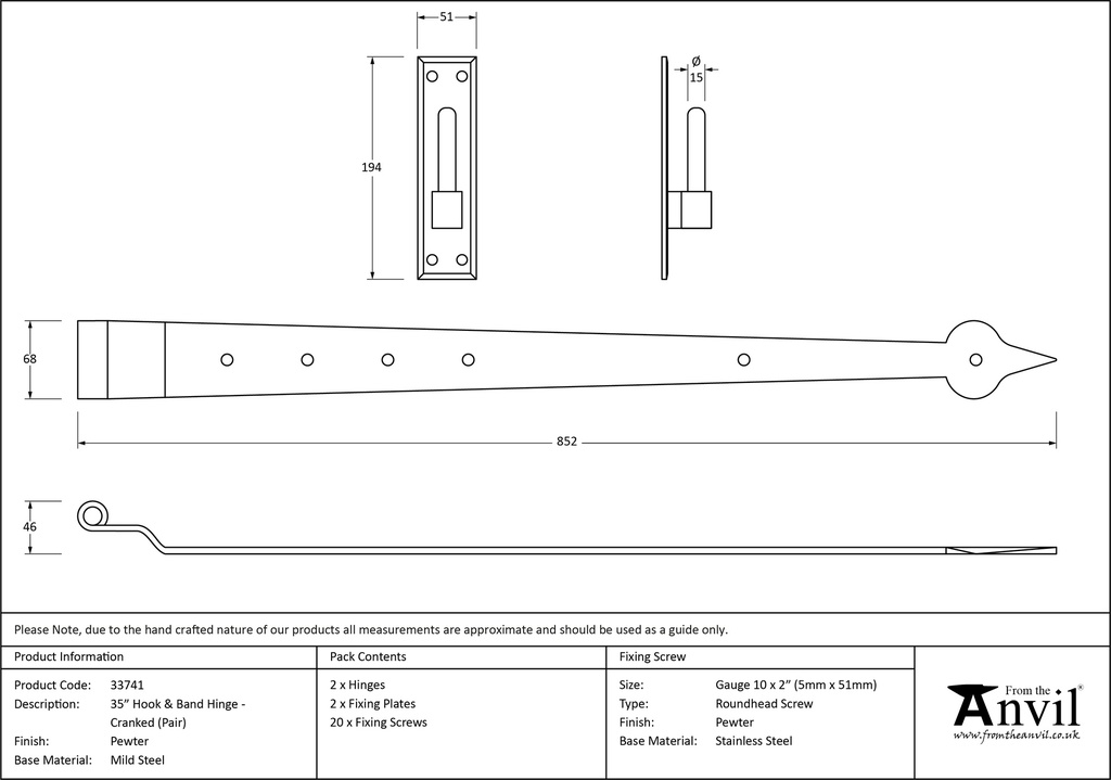 Pewter 35" Hook & Band Hinge - Cranked (pair) - 33741 - Technical Drawing