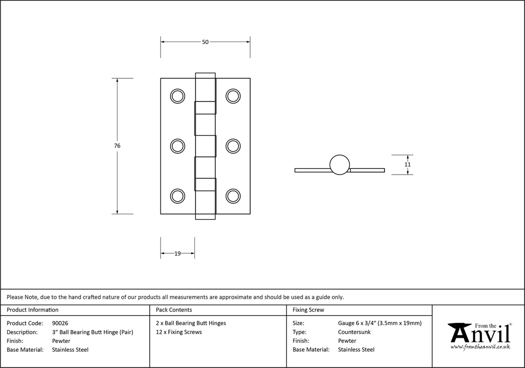 Pewter 3&quot; Ball Bearing Butt Hinge (Pair) ss - 90026 - Technical Drawing