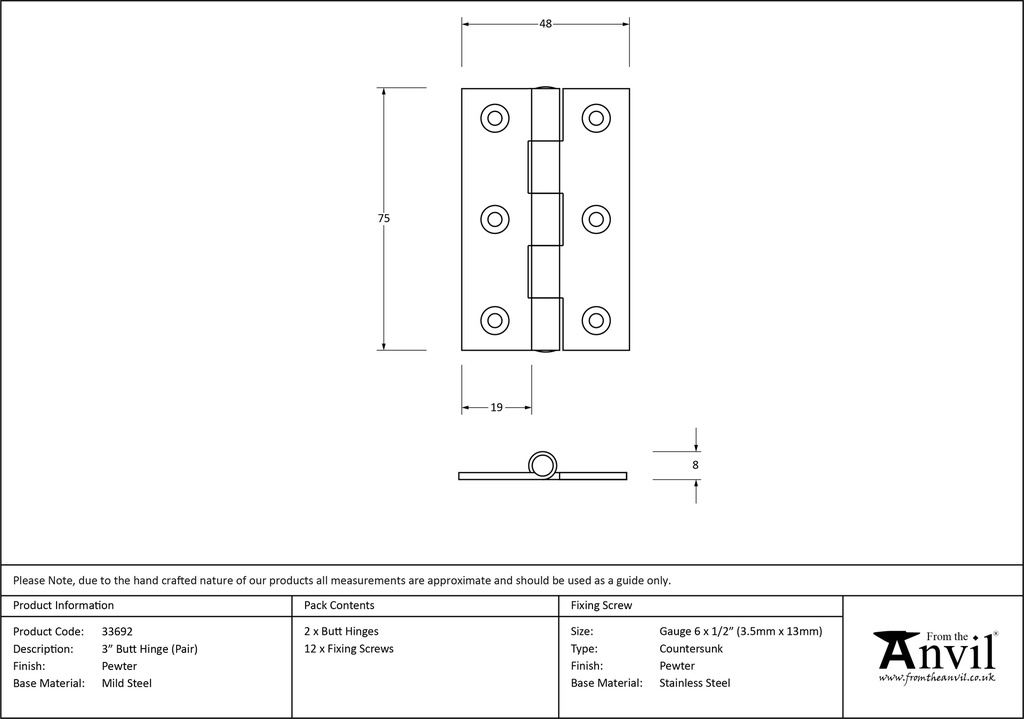 Pewter 3&quot; Butt Hinge (pair) - 33692 - Technical Drawing
