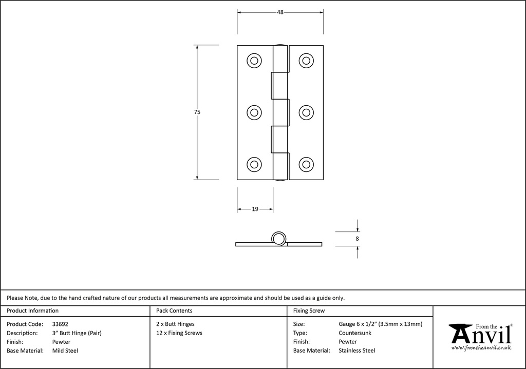 Pewter 3" Butt Hinge (pair) - 33692 - Technical Drawing