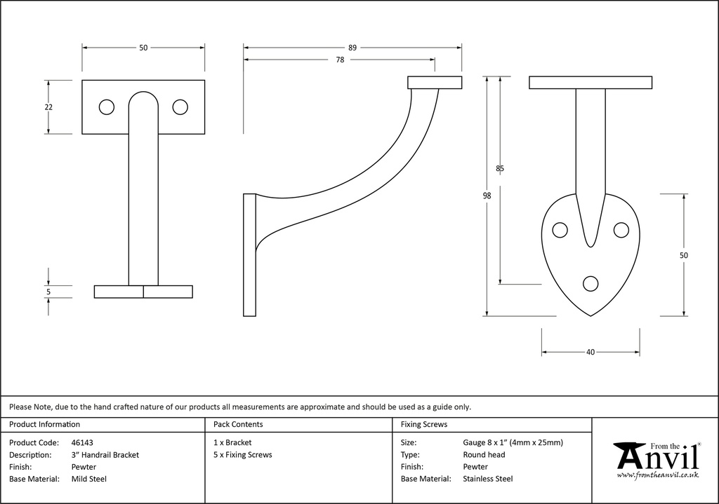 Pewter 3&quot; Handrail Bracket - 46143 - Technical Drawing