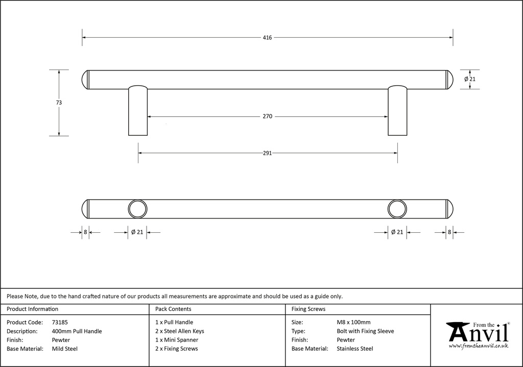 Pewter 400mm Pull Handle - 73185 - Technical Drawing