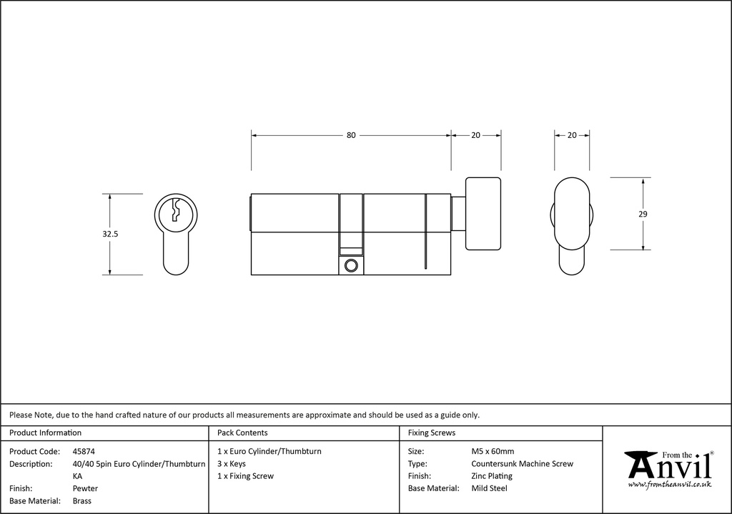 Pewter 40/40 5pin Euro Cylinder/Thumbturn KA - 45874 - Technical Drawing