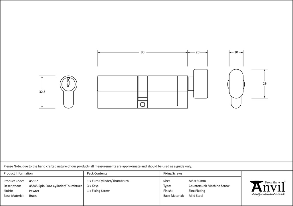 Pewter 45/45 5pin Euro Cylinder/Thumbturn - 45862 - Technical Drawing