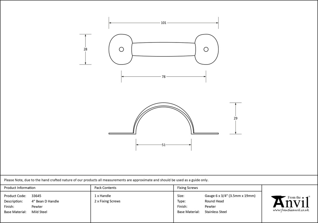 Pewter 4&quot; Bean D Handle - 33645 - Technical Drawing