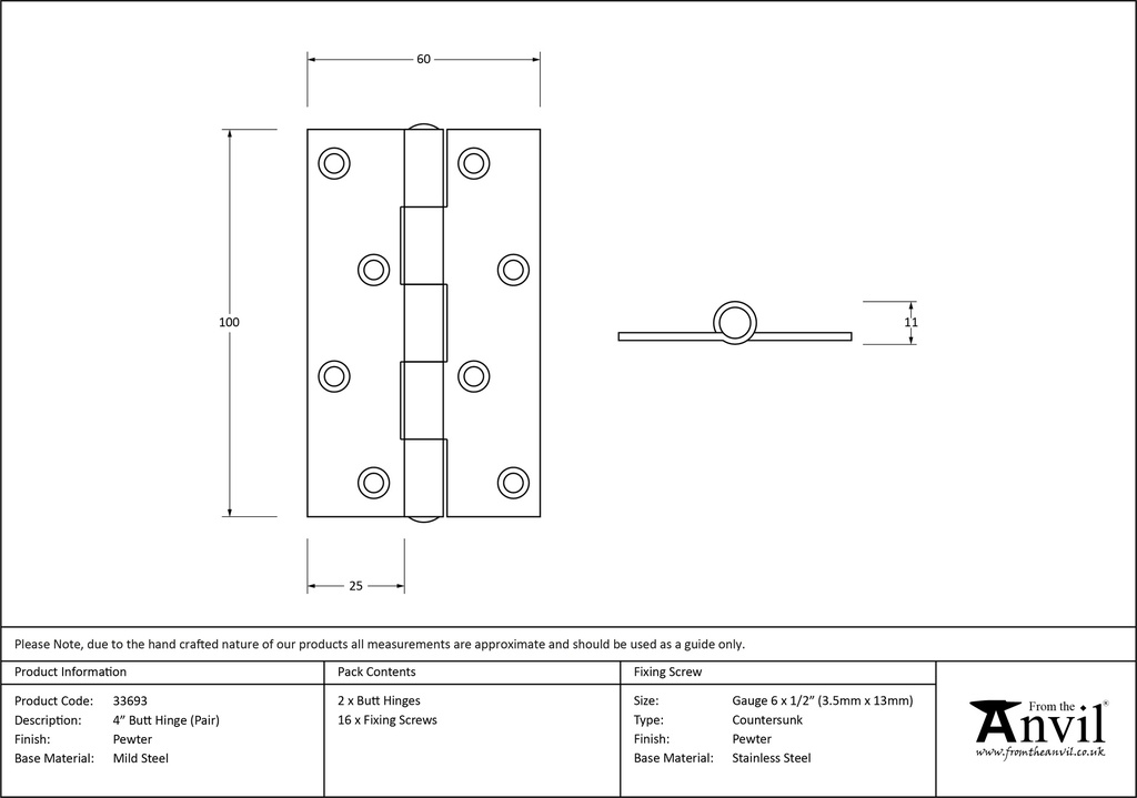 Pewter 4" Butt Hinge (pair) - 33693 - Technical Drawing