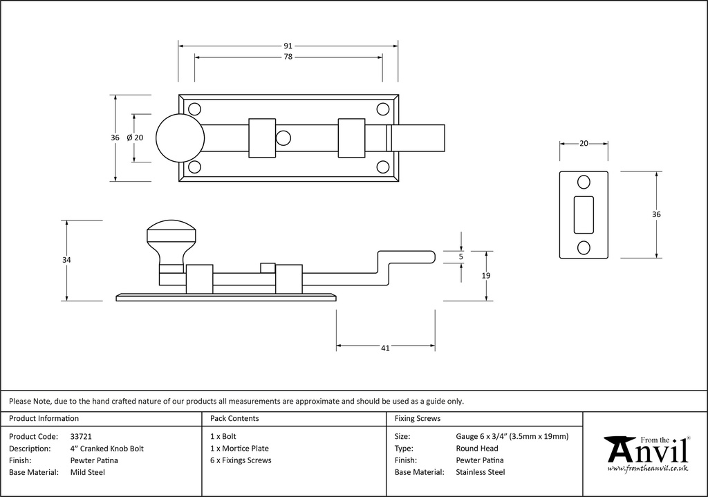 Pewter 4&quot; Cranked Knob Bolt - 33721 - Technical Drawing