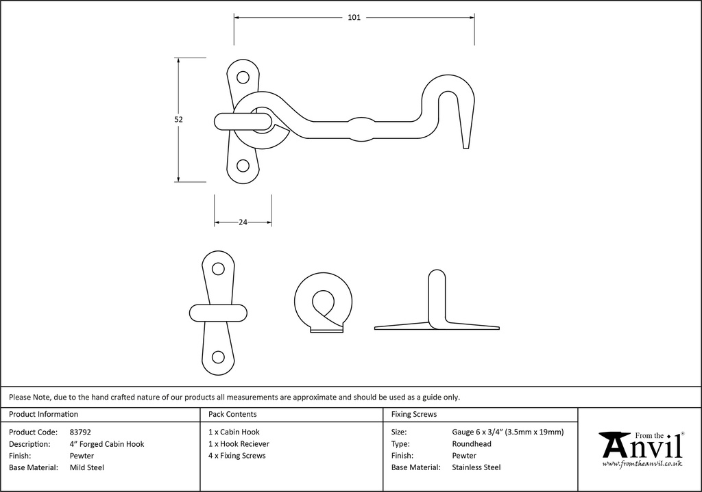 Pewter 4&quot; Forged Cabin Hook - 83792 - Technical Drawing