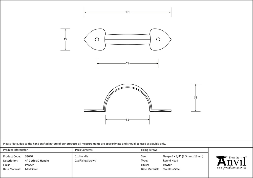 Pewter 4&quot; Gothic D Handle - 33640 - Technical Drawing