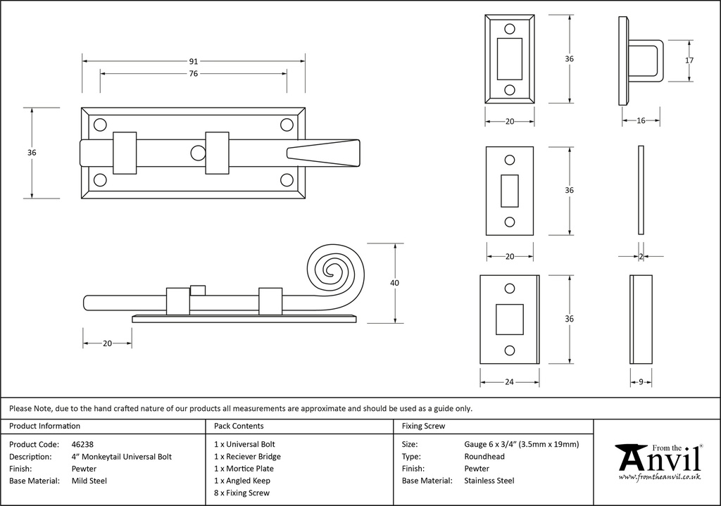 Pewter 4" Monkeytail Universal Bolt - 46238 - Technical Drawing