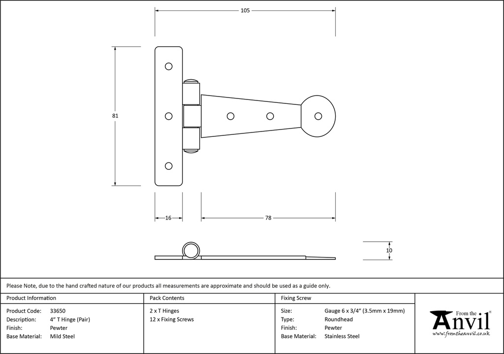 Pewter 4&quot; Penny End T Hinge (pair) - 33650 - Technical Drawing