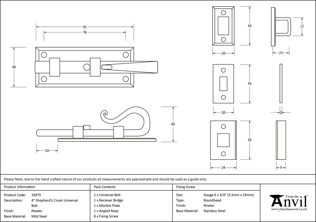 Pewter 4&quot; Shepherd's Crook Universal Bolt - 33075 - Technical Drawing