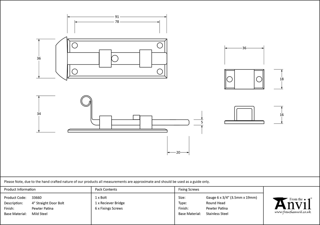 Pewter 4&quot; Straight Door Bolt - 33660 - Technical Drawing