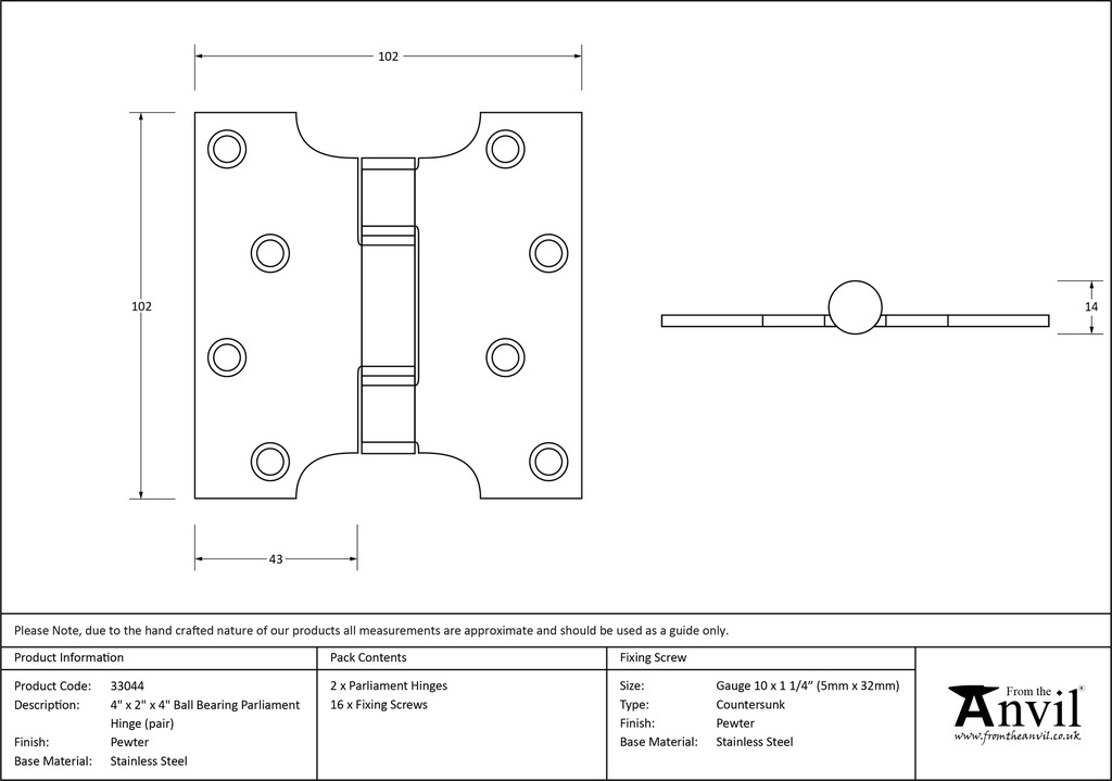 Pewter 4&quot; x 2&quot; x 4&quot; Parliament Hinge (pair) ss - 33044 - Technical Drawing