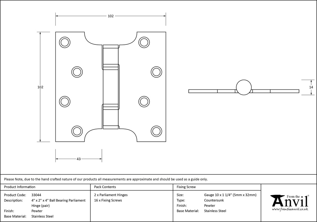 Pewter 4" x 2" x 4" Parliament Hinge (pair) ss - 33044 - Technical Drawing