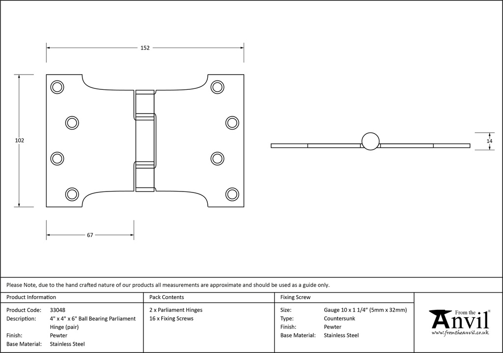 Pewter 4&quot; x 4&quot; x 6&quot; Parliament Hinge (pair) ss - 33048 - Technical Drawing