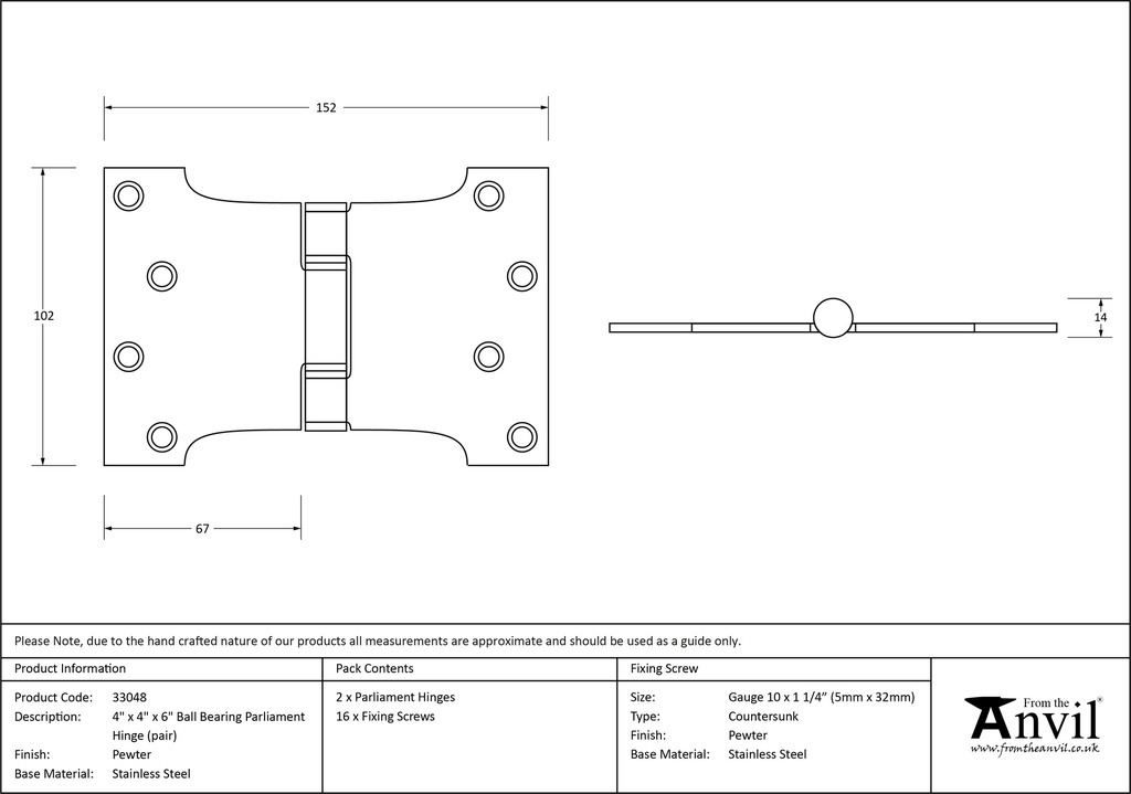 Pewter 4" x 4" x 6" Parliament Hinge (pair) ss - 33048 - Technical Drawing