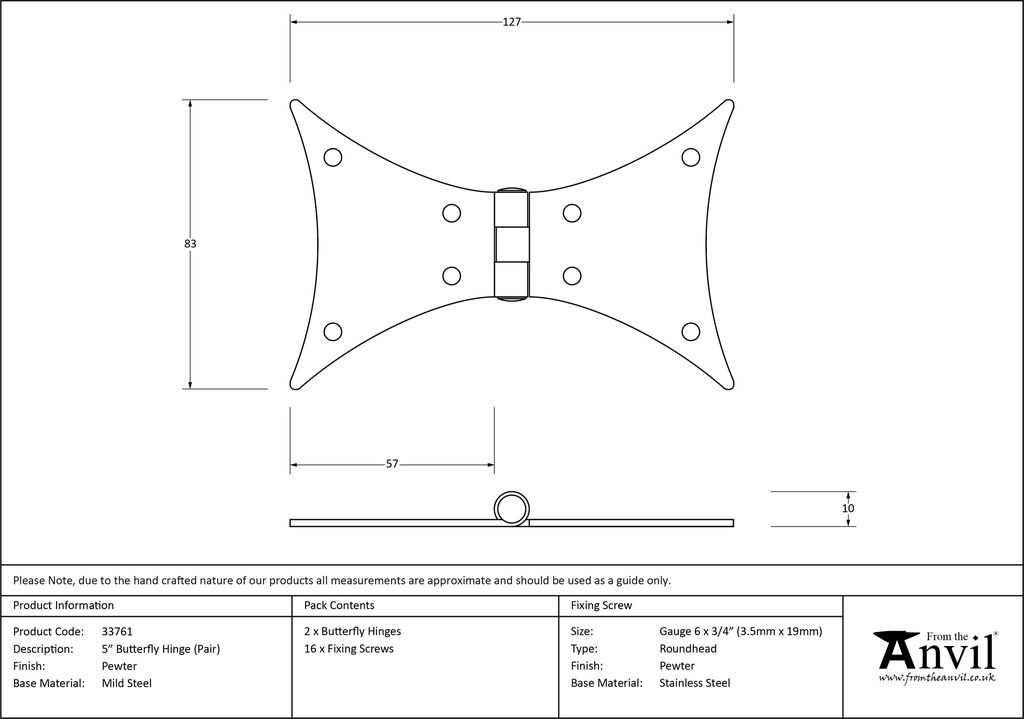 Pewter 5" Butterfly Hinge (pair) - 33761 - Technical Drawing